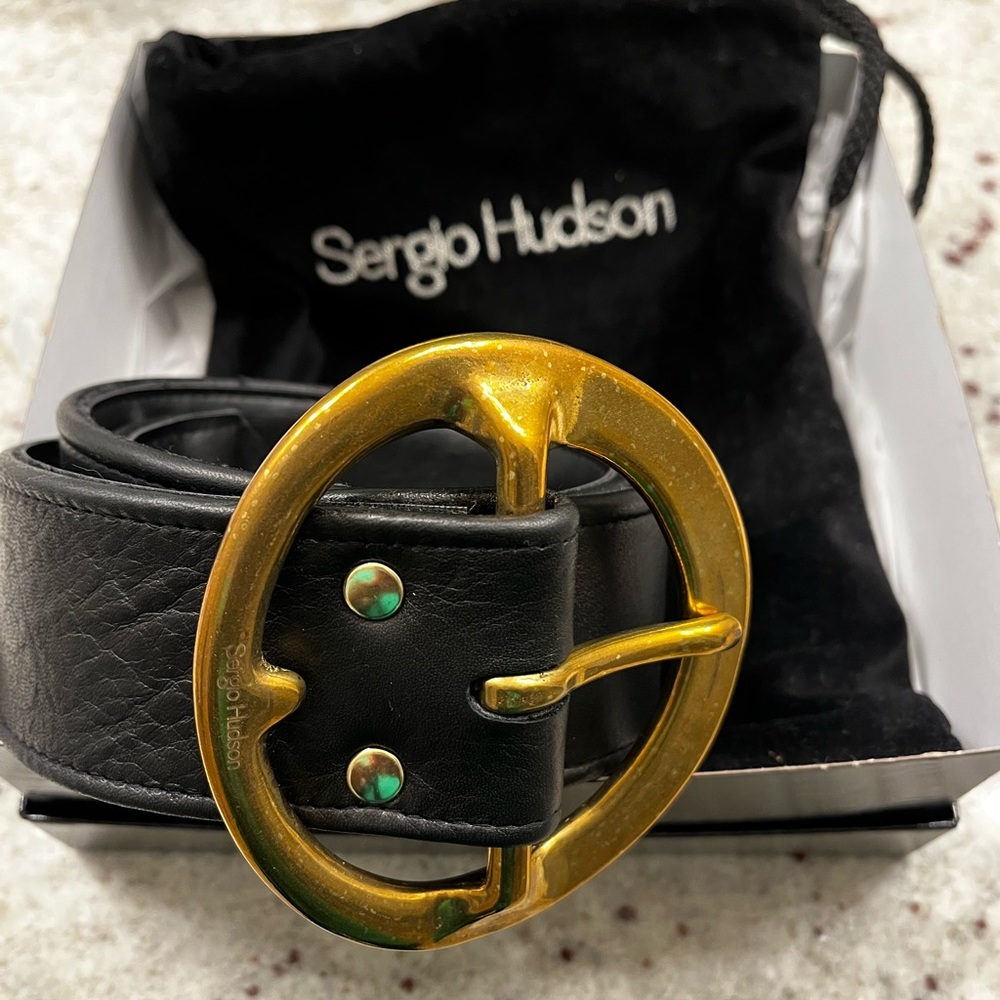 Sergio Hudson Black Leather Belt with Gold Buckle